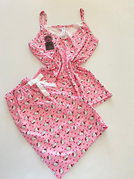 Lady Queen - Pembe Desenli - 6016 Likralı Ring Viskon Şort Takım