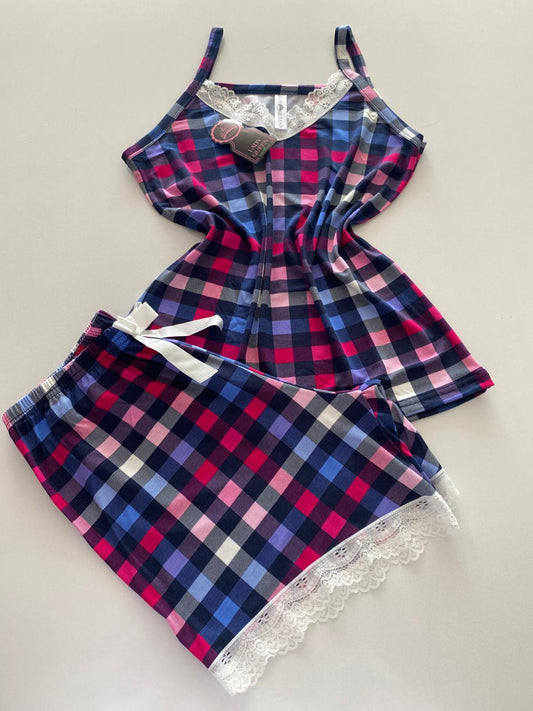 Lady Queen - Kırmızı Kareli - 6016 Likralı Ring Viskon Şort Takım