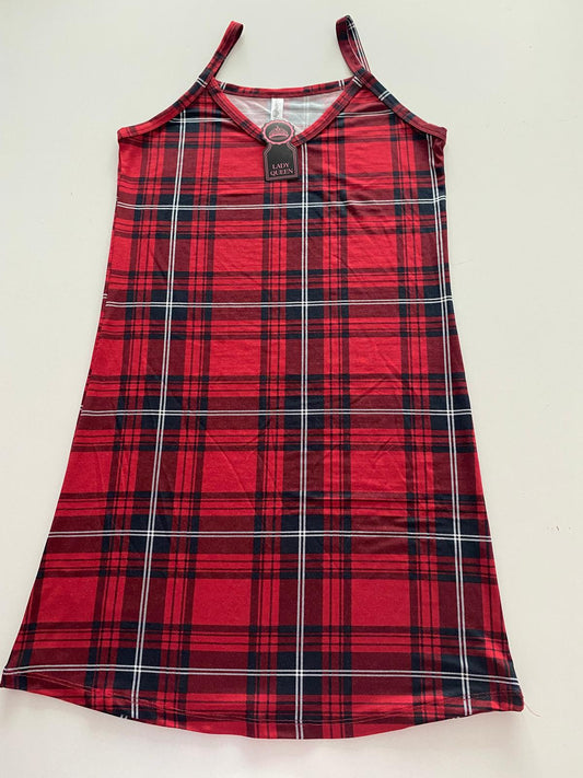 Lady Queen 6060 Likralı Ring Viskon Askılı Gecelik – Siyah Kırmızı Kare Desen