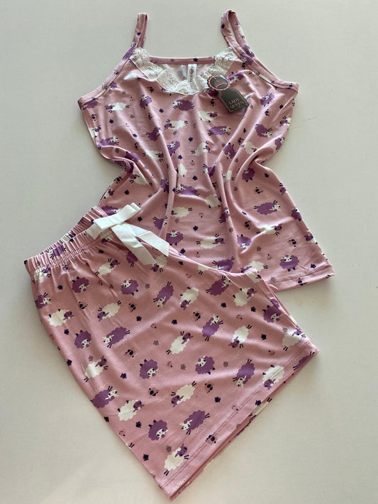 Lady Queen - Koyun Desenli - 6016 Likralı Ring Viskon Şort Takım