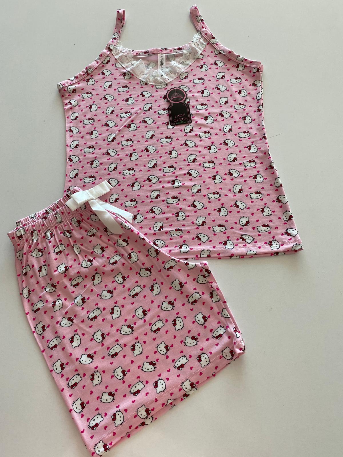 Lady Queen - Pembe Desenli - 6016 Likralı Ring Viskon Şort Takım