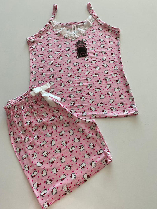 Lady Queen - Pembe Desenli - 6016 Likralı Ring Viskon Şort Takım