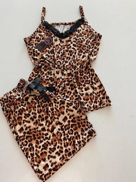 Lady Queen - Leopar Desenli - 6016 Likralı Ring Viskon Şort Takım