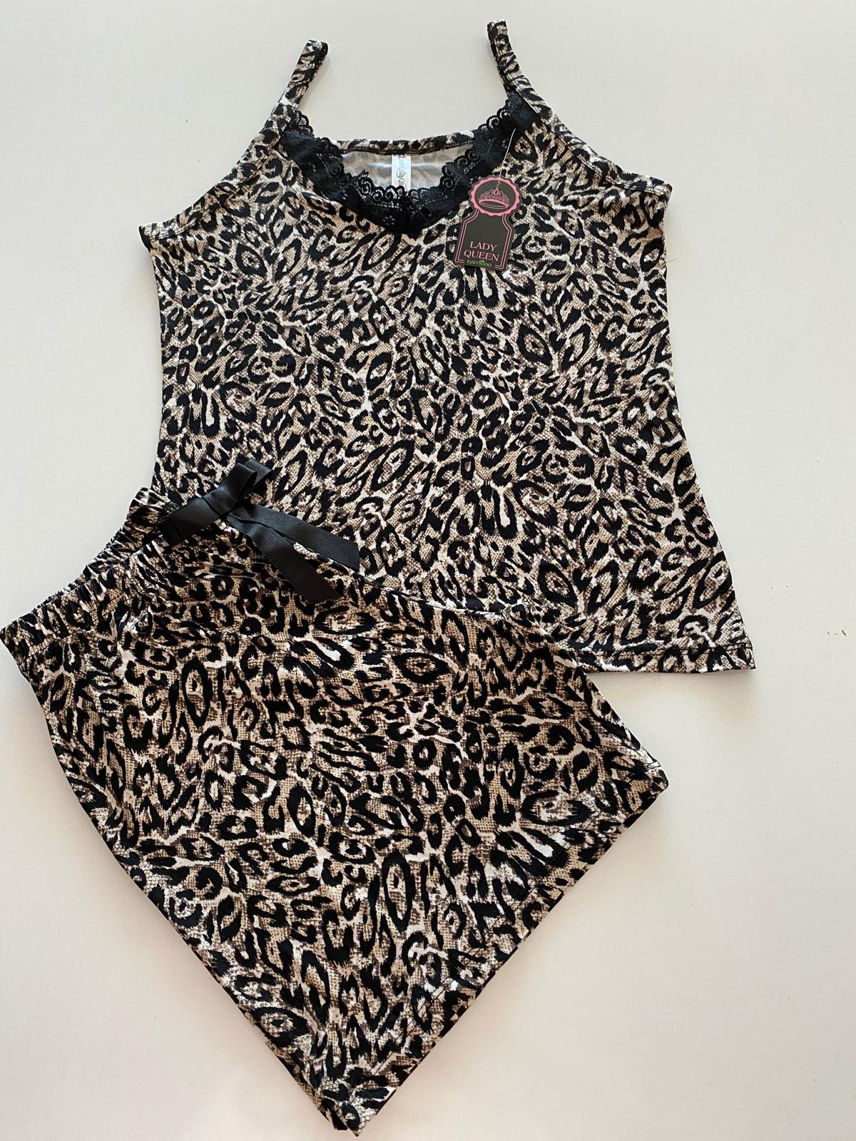 Lady Queen - Leopar Desenli - 6016 Likralı Ring Viskon Şort Takım